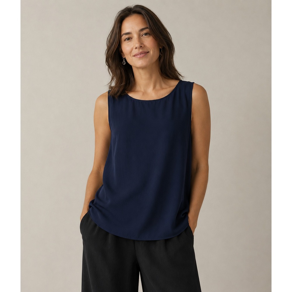 Eileen Fisher 100% Silk Georgette Crepe Tunic Tank Top Womens 1X Blue Lagenlook